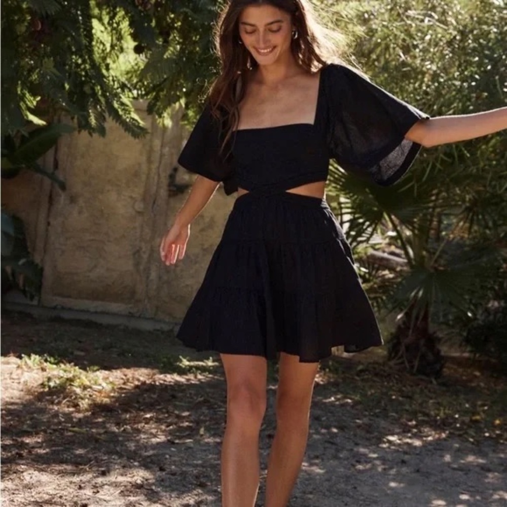 NWT Free People Cross‎ Of Sunlight Mini Dress Cutout Waist  Black linen blnd - Picture 2 of 14